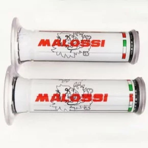 REVÊTEMENT (POIGNÉES) MALOSSI BLANC INSCRIPTION ROUGE + 15 AUTOCOLANTS MALOSSI